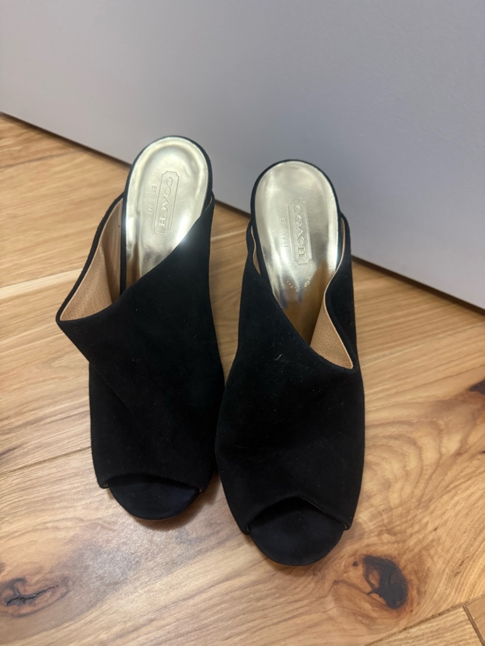 Coach Black Suede Open-Peep Toe Mule Heels